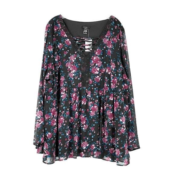 NWT Torrid Dark Floral Top Black Sz 3 Flowy Dark Romantic Fairy Whimsigoth Sheer - Picture 1 of 16